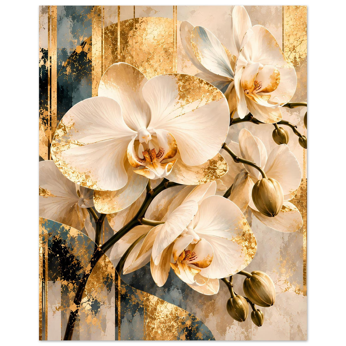 Orchideenposter mit weißen Orchideen und goldfarbenen Partikeln, breites Dekor im Rahmen