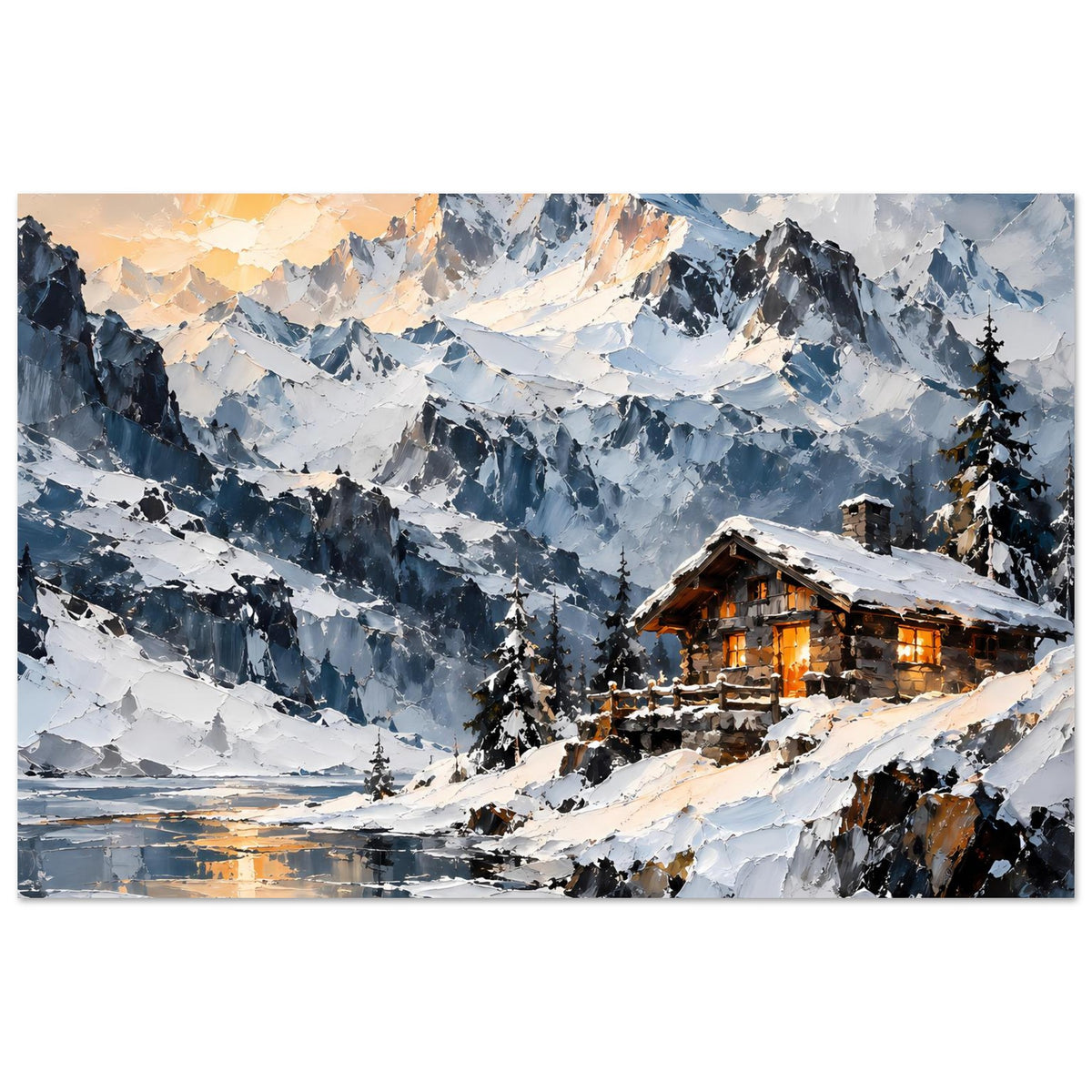 Alpen-Poster im Querformat: schneebedeckte Berge und Berghütte rechts mit warmen Lichtern