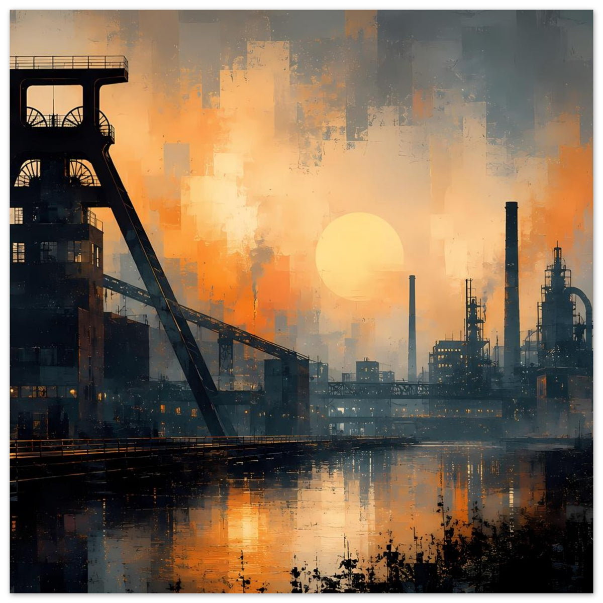 Industrielles Dämmerungs-Wandposter, Hochformat mit Industrieanlagen, Nebel und Sonnenkreis