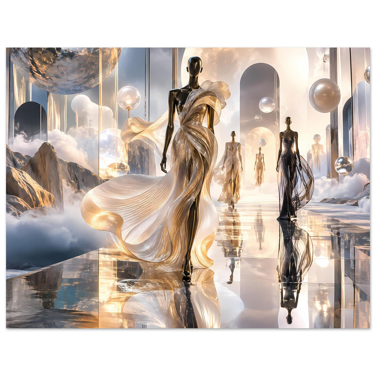 Kunstdruck-Poster im Querformat: goldene Frau, dunkle Silhouetten und spiegelnder Boden