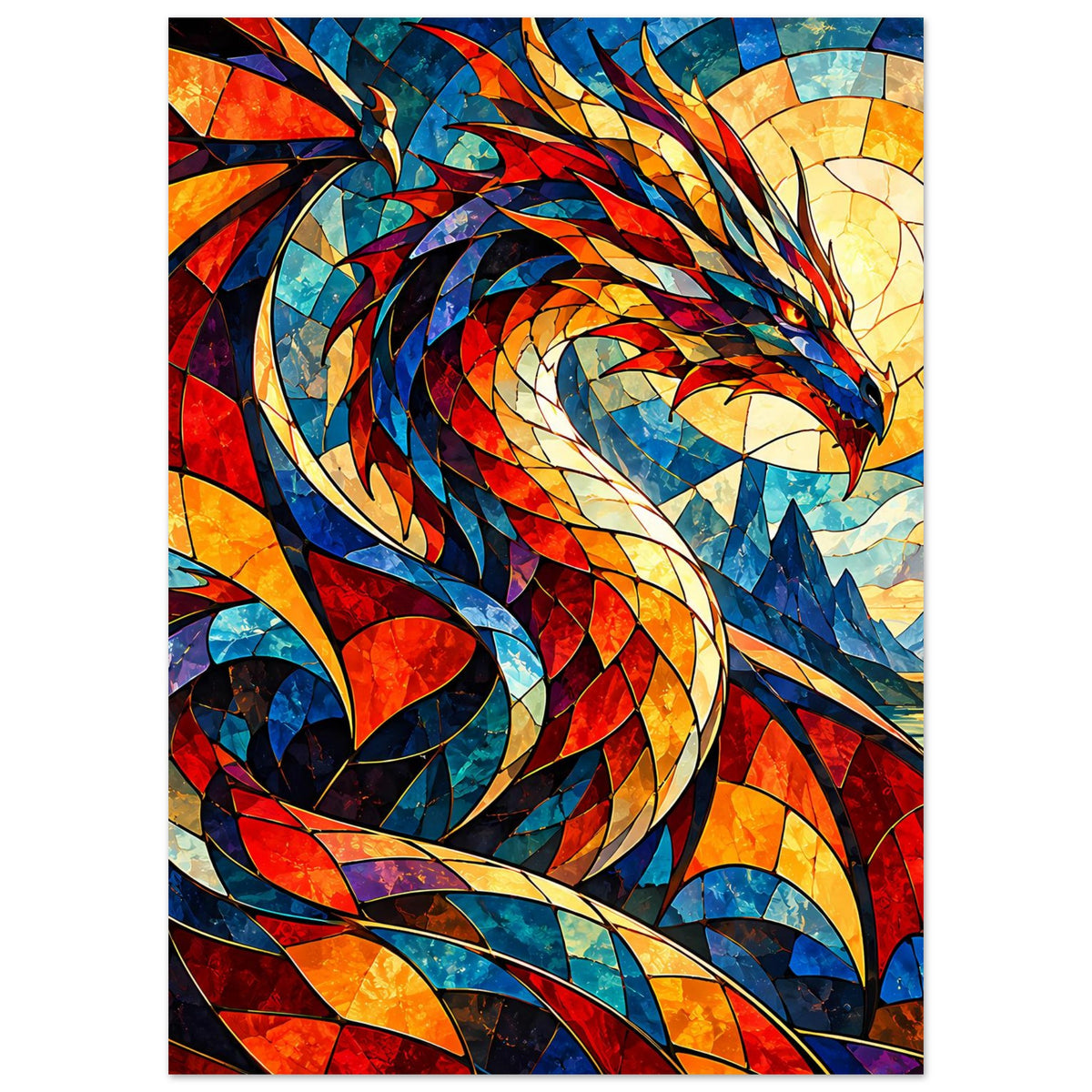 Drachen-Glasmalerei-Poster: schimmernder Drachen aus bunten, geschwungenen Flächen