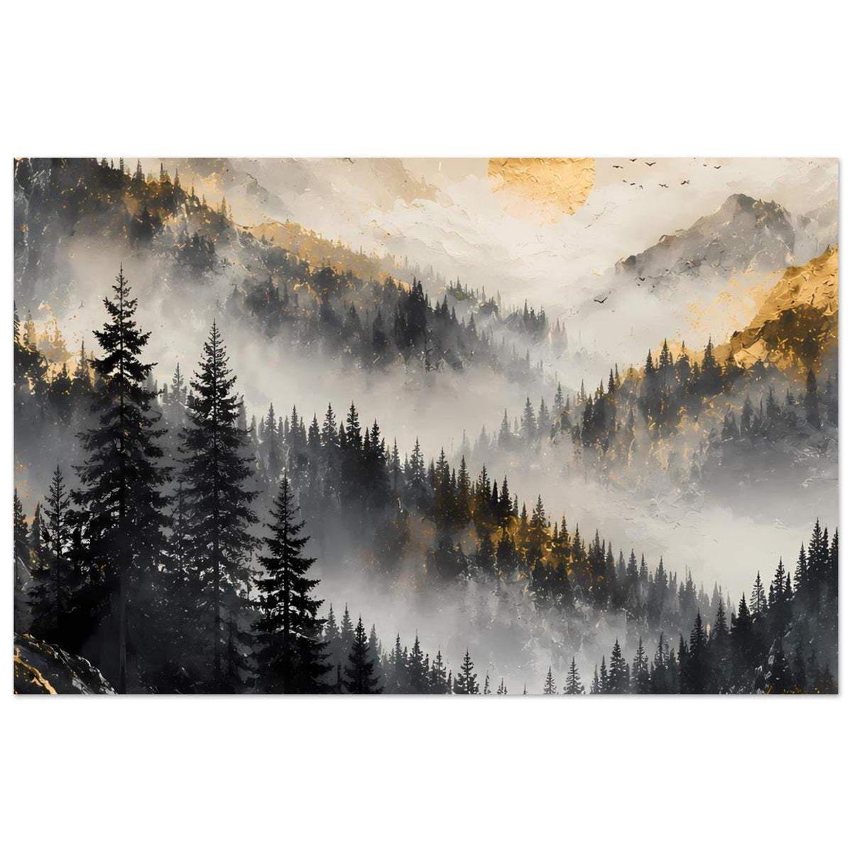 Wandposter (breit) mit nebligem Tannenwald, Bergen und goldenem Mond im Hintergrund