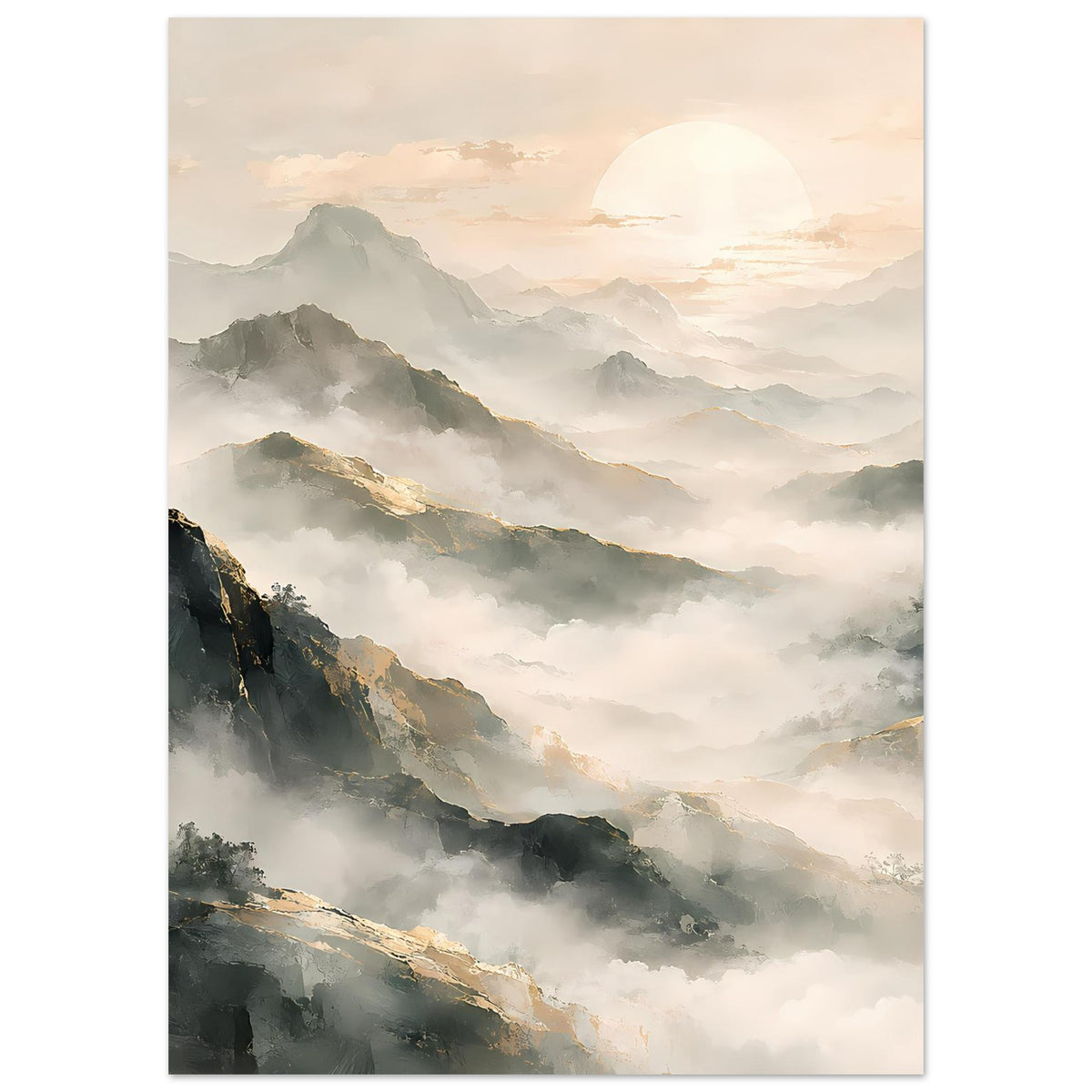 Bergpanorama-Poster, Hochformat: dichte Wolken über Bergkämmen, ruhige Naturtöne.