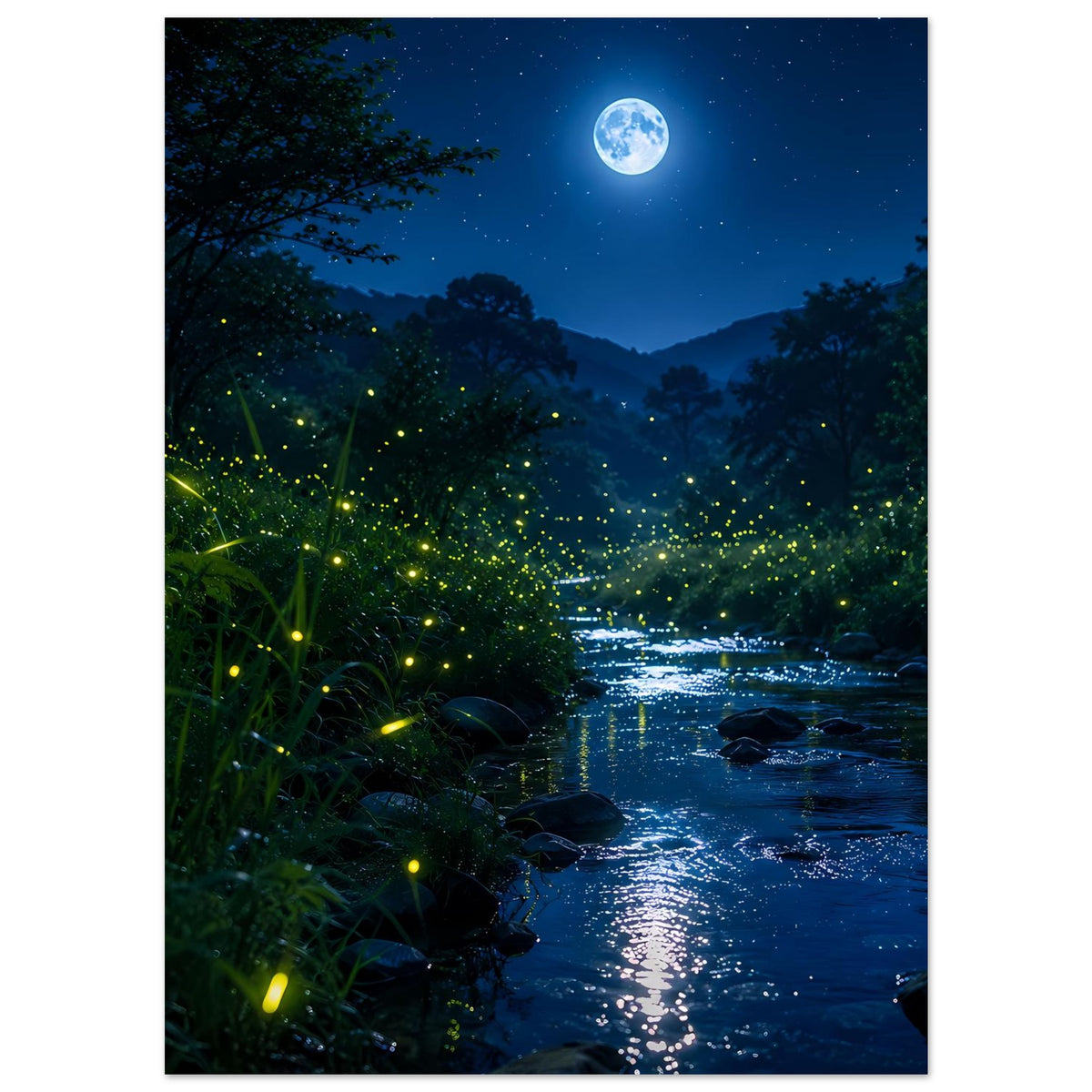 Wandposter im Hochformat: leuchtende Glühwürmchen am Flussufer unter hellem Mond