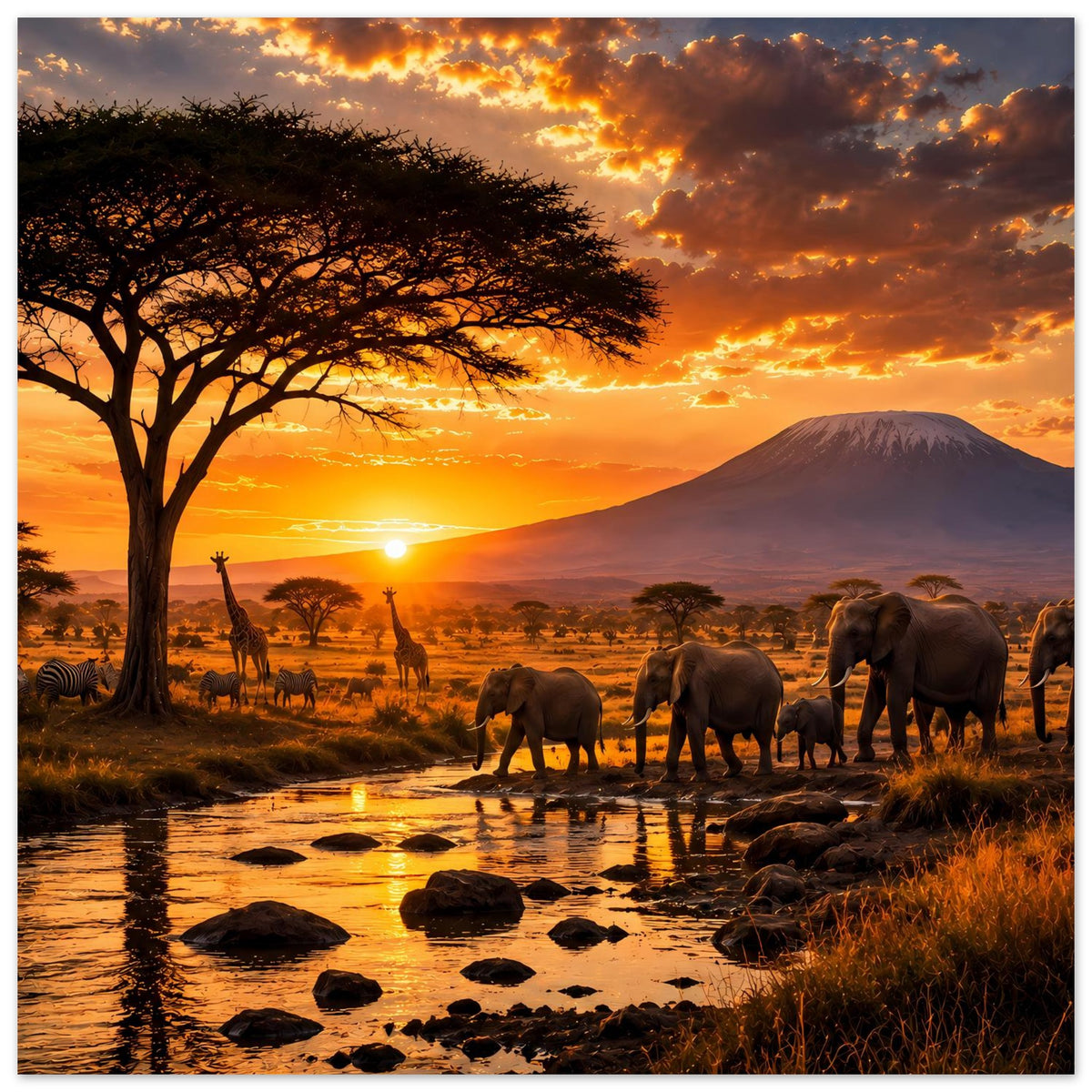 Safari-Poster mit Elefanten am Fluss, Akazie und goldener Abendstimmung
