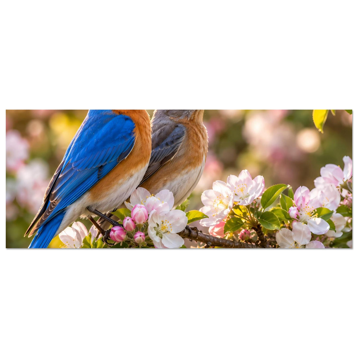 Poster (horizontal): Zwei blaue Singvögel auf blühendem Ast mit rosa Blüten