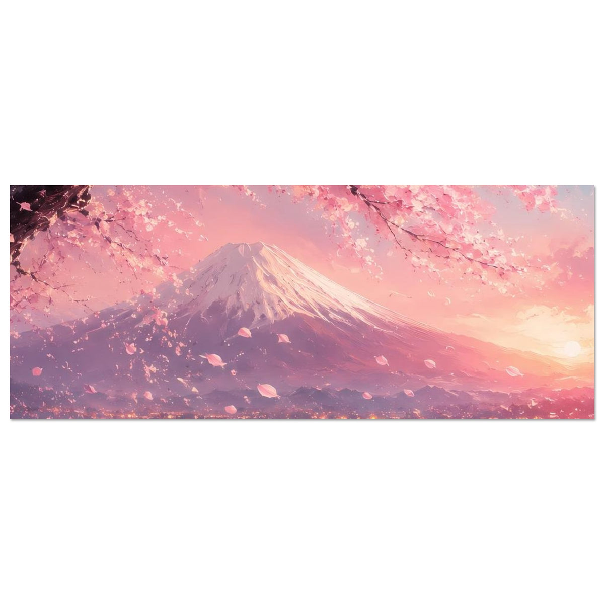 Panorama-Poster mit Fuji und rosafarbenem See, Kirschblüten am oberen Rand.