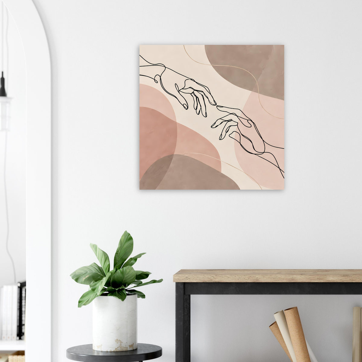 Quadratisches Wandbild mit Linienzeichnung von Händen auf abstraktem Hintergrund