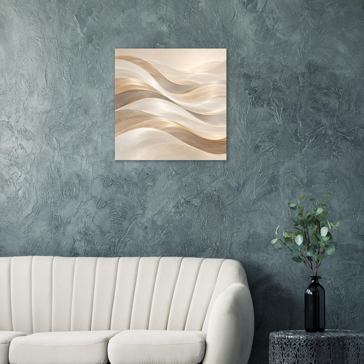 Kunstposter mit abstrakten Wellen in Creme- und Goldtönen