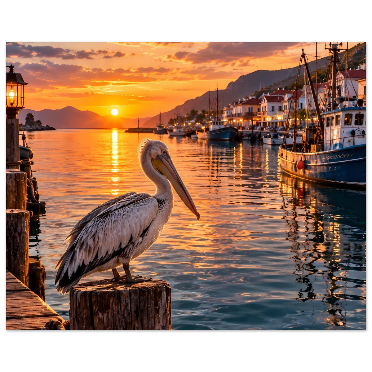 Premium Poster mit Pelikan auf Holzpfahl, Hafenlichter und goldenes Abendlicht