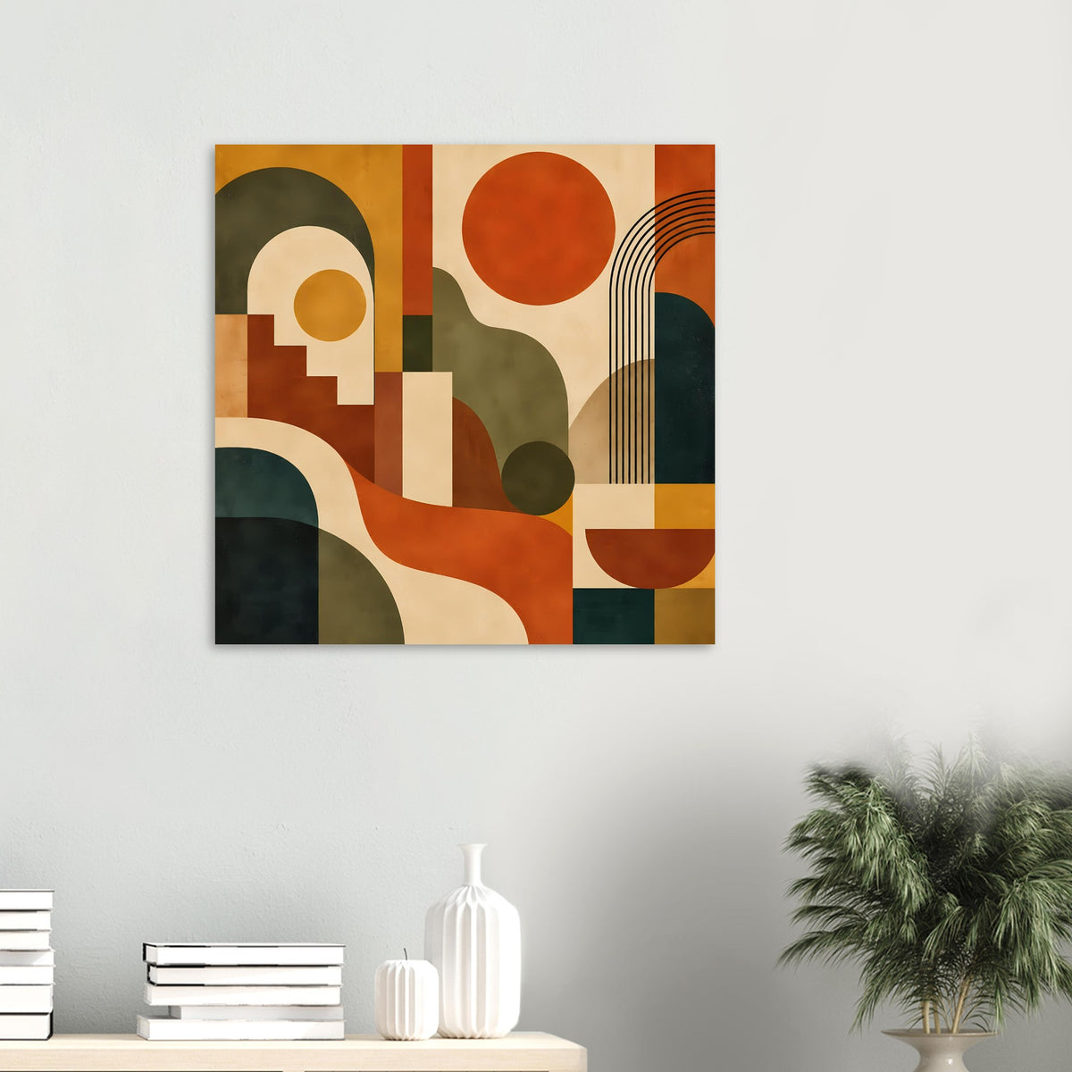 Quadratischer Kunstprint mit geometrischem Abstract-Design in warmen Tönen, schwarz gerahmt.