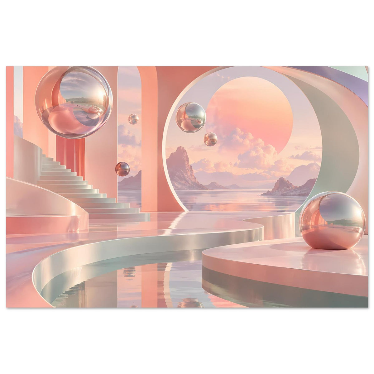 Pastell-Landschaftsposter mit rundem Fenster, reflektierenden Kugeln und Terrassen mit Spiegelung