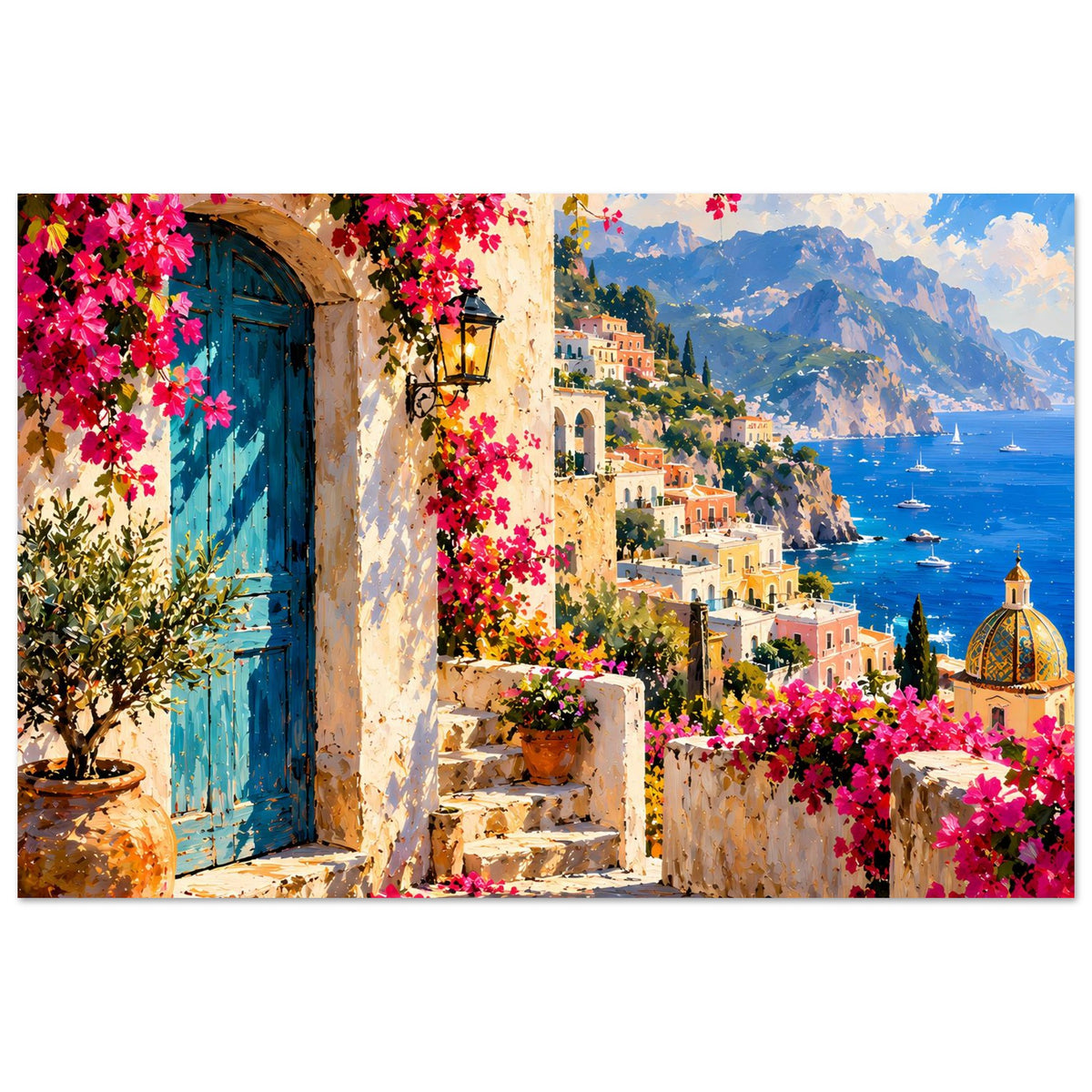 Mediterranes Poster mit Steinmauer, Treppe, blauem Tor und rosa Blüten am Meer
