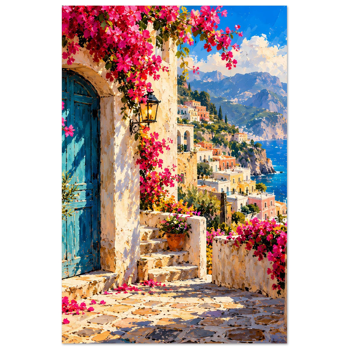 Poster mit blauer Tür, bunter Blumenallee und mediterranem Meerblick zwischen Häusern