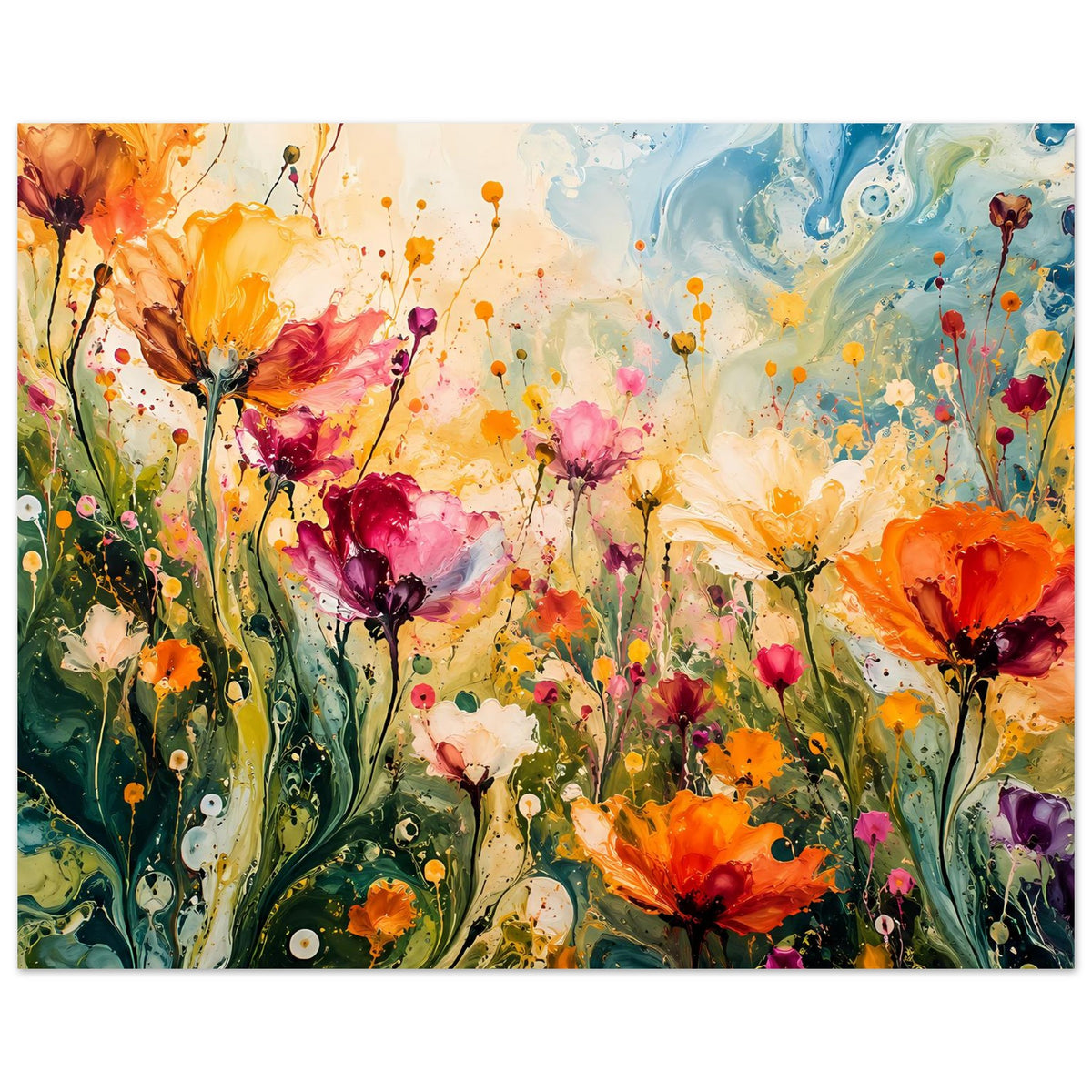 Abstraktes Blumenposter im Querformat: bunte Blüten, Punkte und Farbspritzer im weißen Rahmen