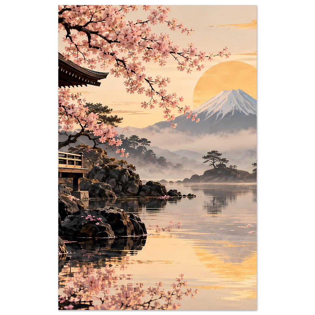 Hochformat-Poster mit Kirschblütenzweigen, Pagode, Berg und goldenem Mond über Nebel