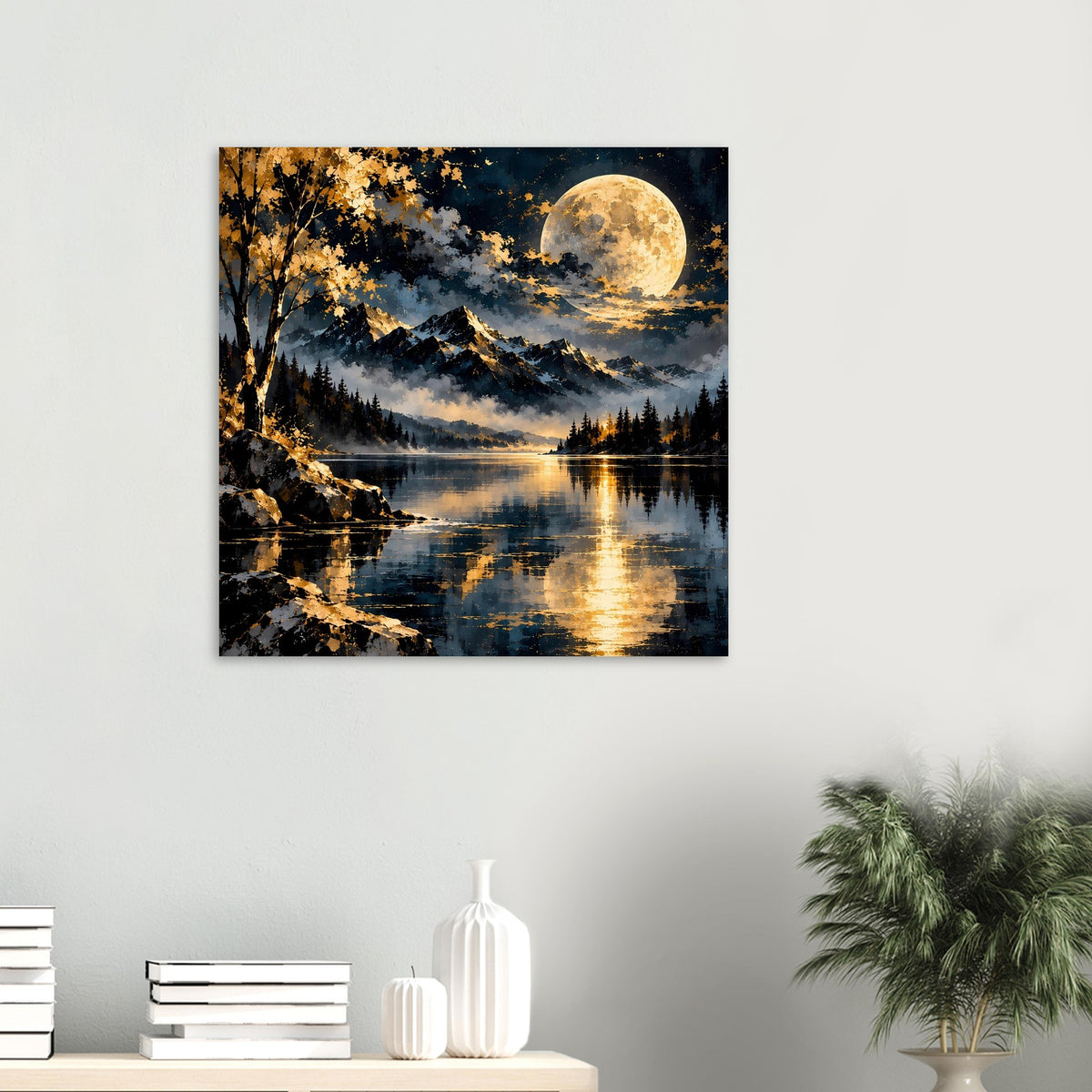 Kleines Poster an der Wand mit nächtlicher Berglandschaft, Vollmond und spiegelndem Wasser