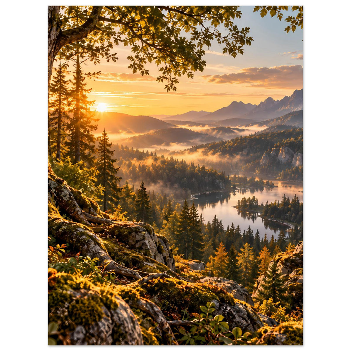Landschaftsposter mit Sonnenaufgang, Bäumen im oberen Rand und Blick auf Berge