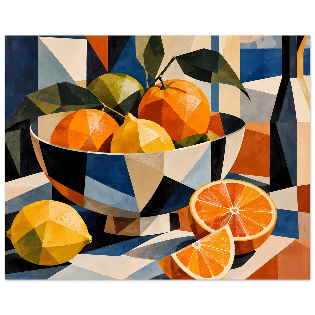 Kubistisches Poster: Obstschale mit gelb-orangen Früchten, dazu orange Orangenscheiben und Blätter