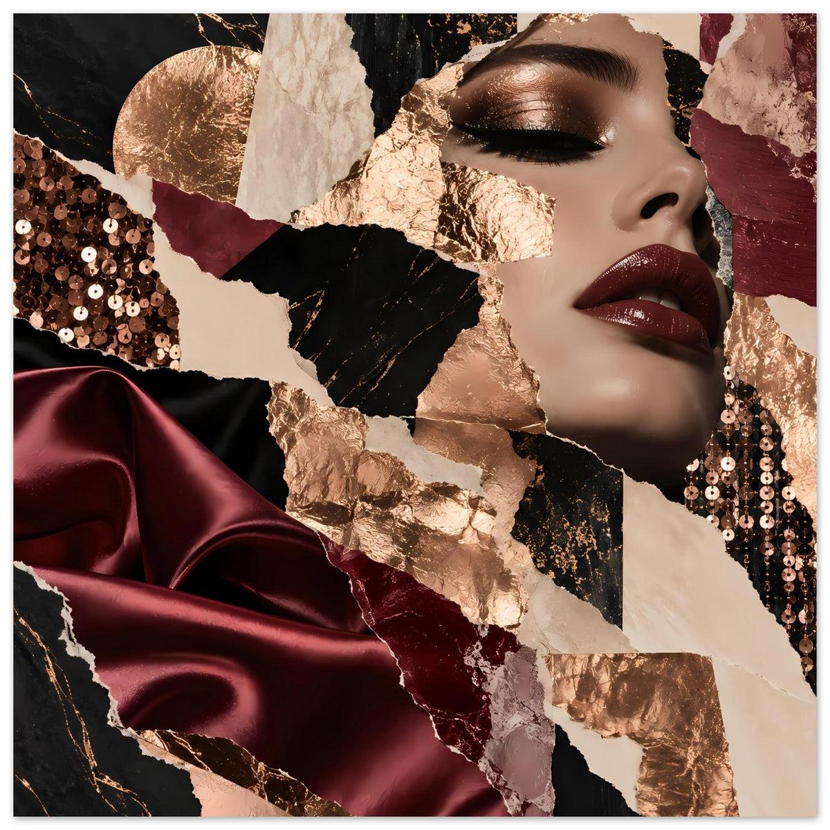 Poster im Querformat: Frauenprofil, bordeauxroter Satin, Goldfolie, Pailletten an der Seite