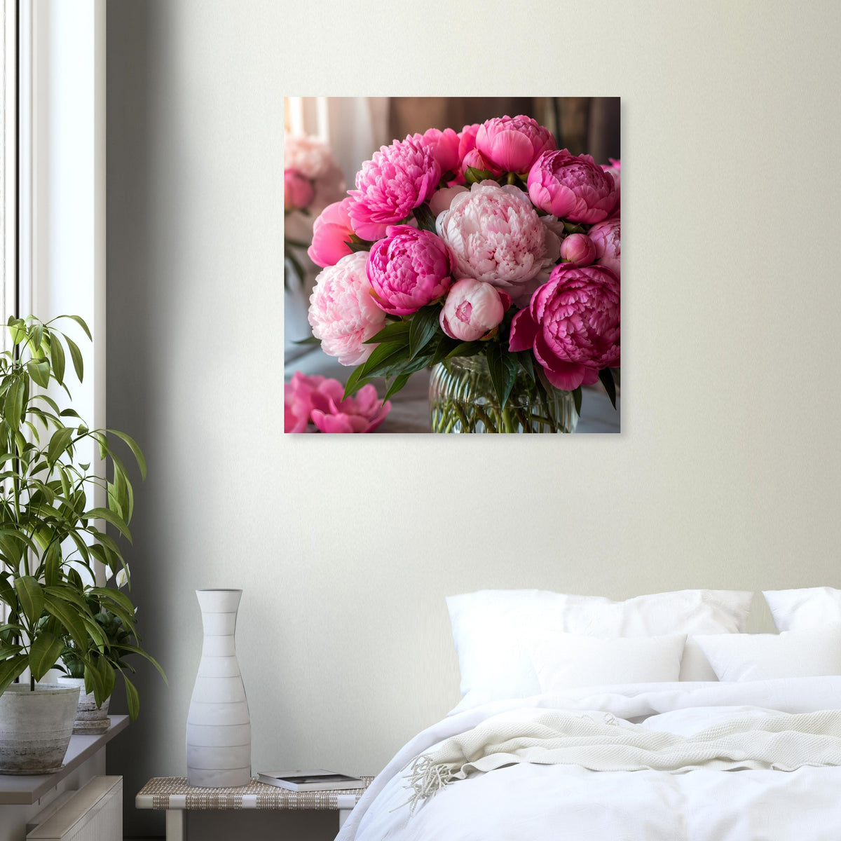 Poster mit rosa Pfingstrosen-Bouquet in Vase, kräftige Blütenblätter