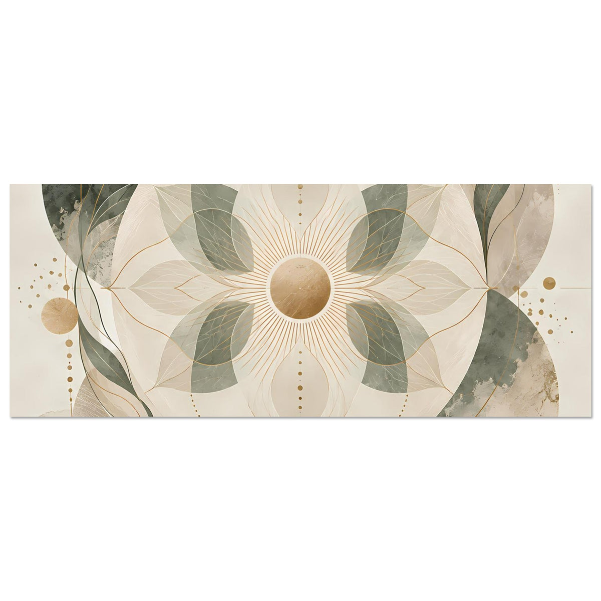 Zen-Poster im Querformat: Mandala in Beige und Grün mit goldenen Linien und Kreisen