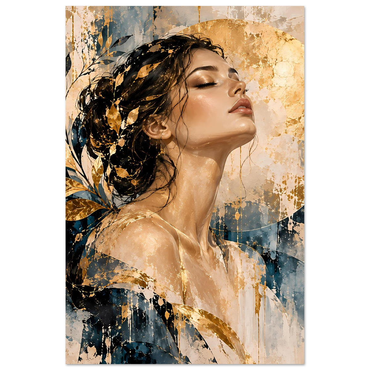 Kunst-Poster im Hochformat mit Frau im Profil, goldfarbenen Blättern und abstraktem Blaumuster