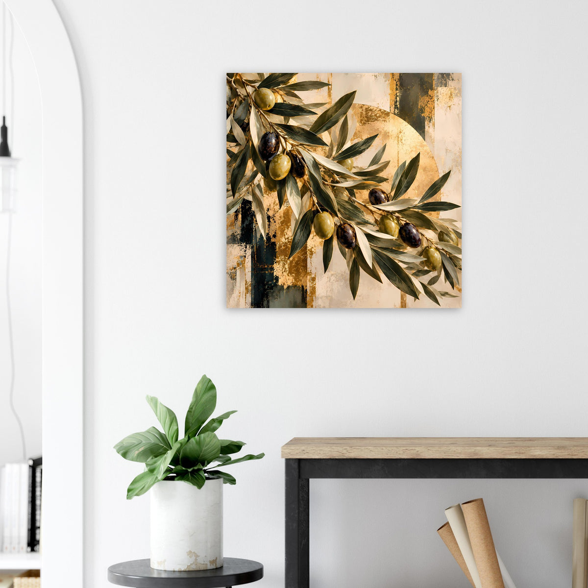 Botanisches Kunstposter rechteckig mit Olivenzweigen in Gold und Grün