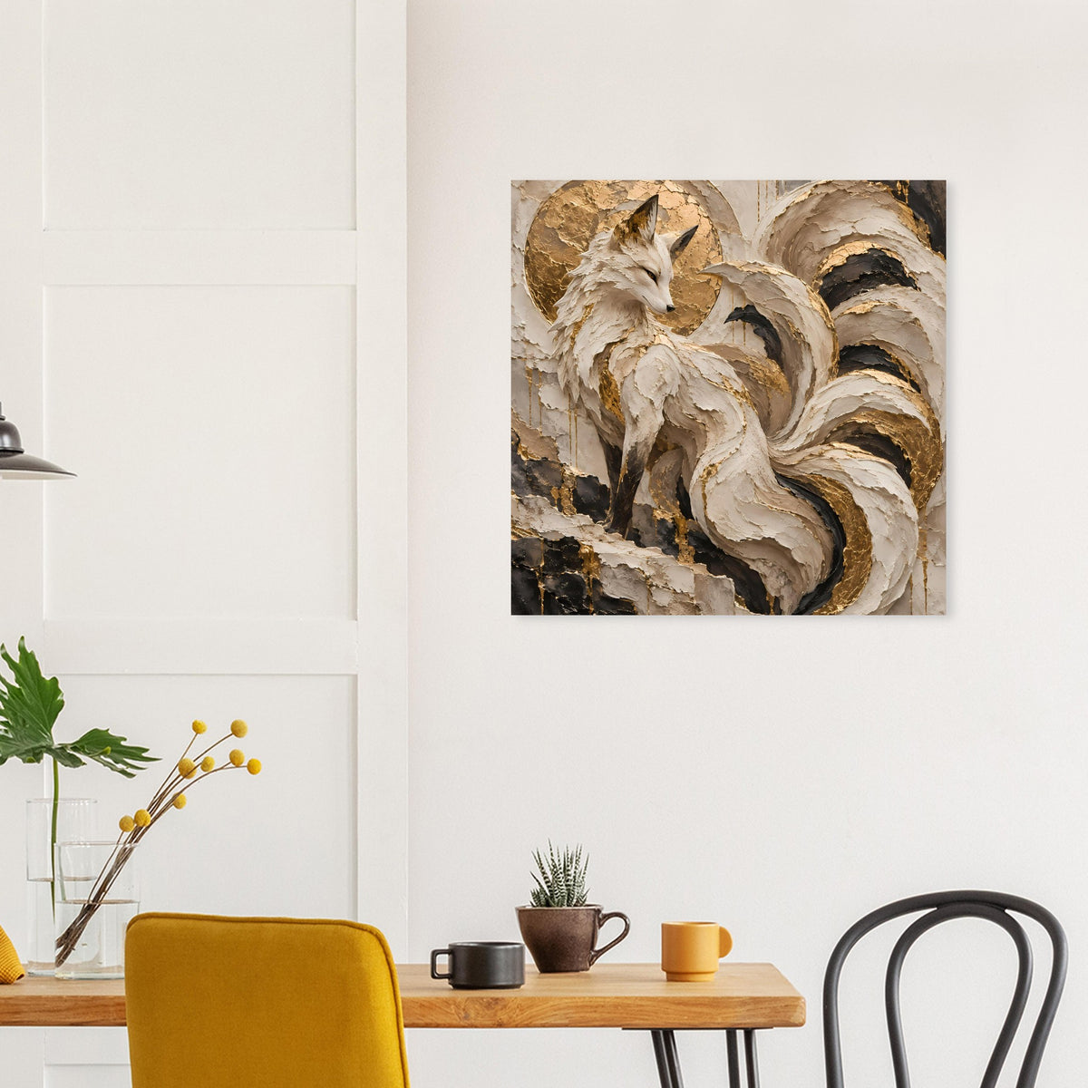 Quadratisches Kunstposter mit Fuchs-Motiv, cremefarbene Fellstrukturen und goldene Flächen