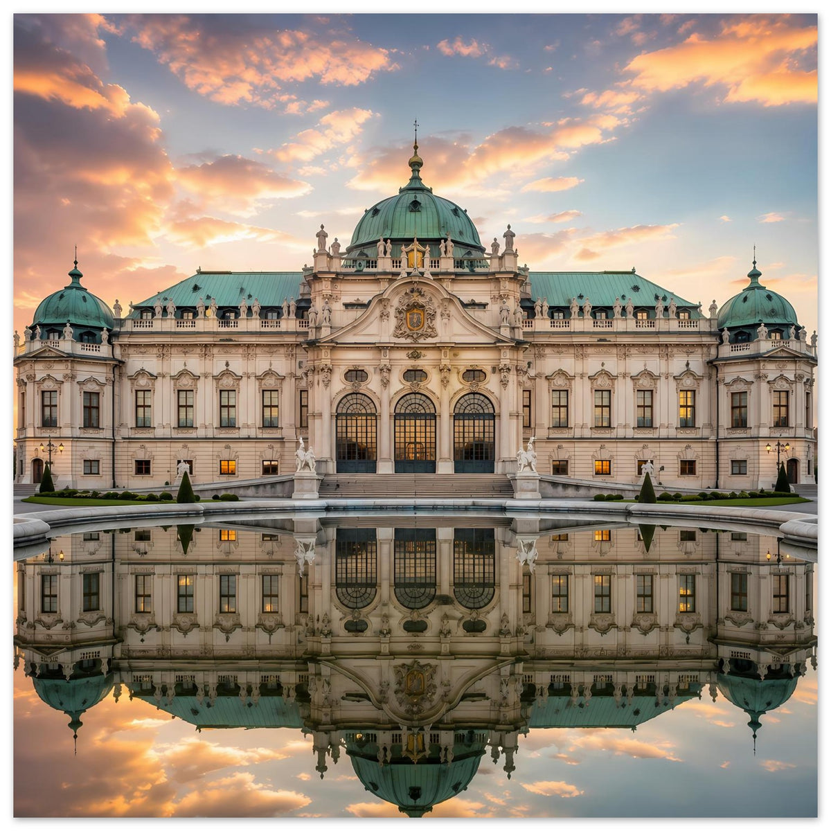 Schloss-Poster: Barockpalast mit Wasserspiegelung und türkisfarbenem Dach im Sonnenuntergang
