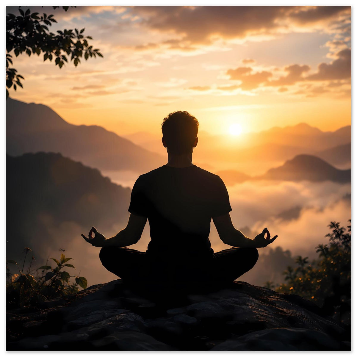 Meditationsposter: sitzende Silhouette vor goldener Sonne, Berge, Wolken und Pflanzenrahmen