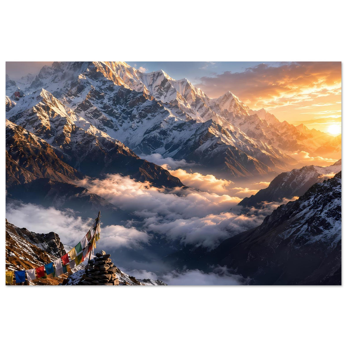 Poster mit Bergkette im Sonnenaufgang, Wolkenmeer und Schnee, Gebetsfahnen am linken Rand