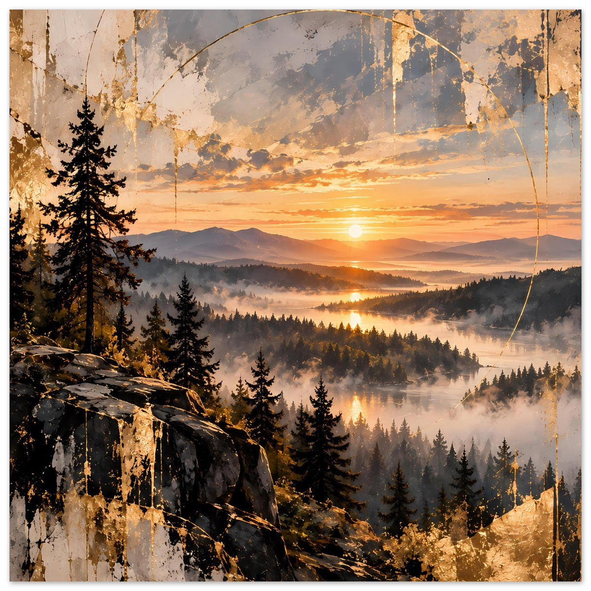 Landschaftsposter mit Sonnenuntergang, Tannenwald, Nebel und Felsen im Vordergrund