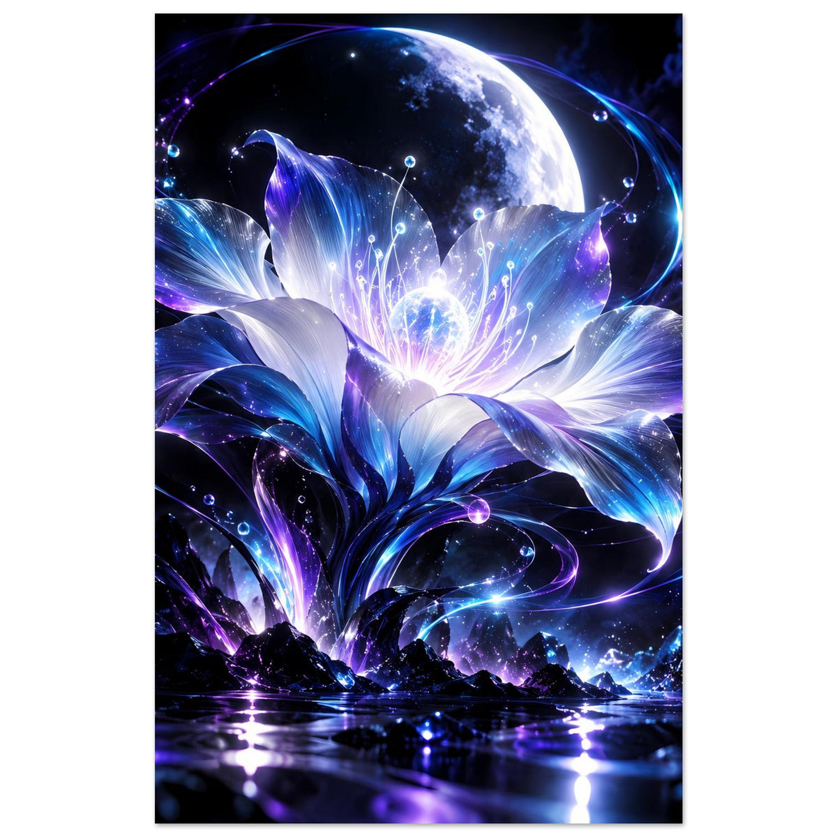 Poster, hochkant: weiß-blau leuchtende Blüten vor Mond, umgeben von violettem Glow.