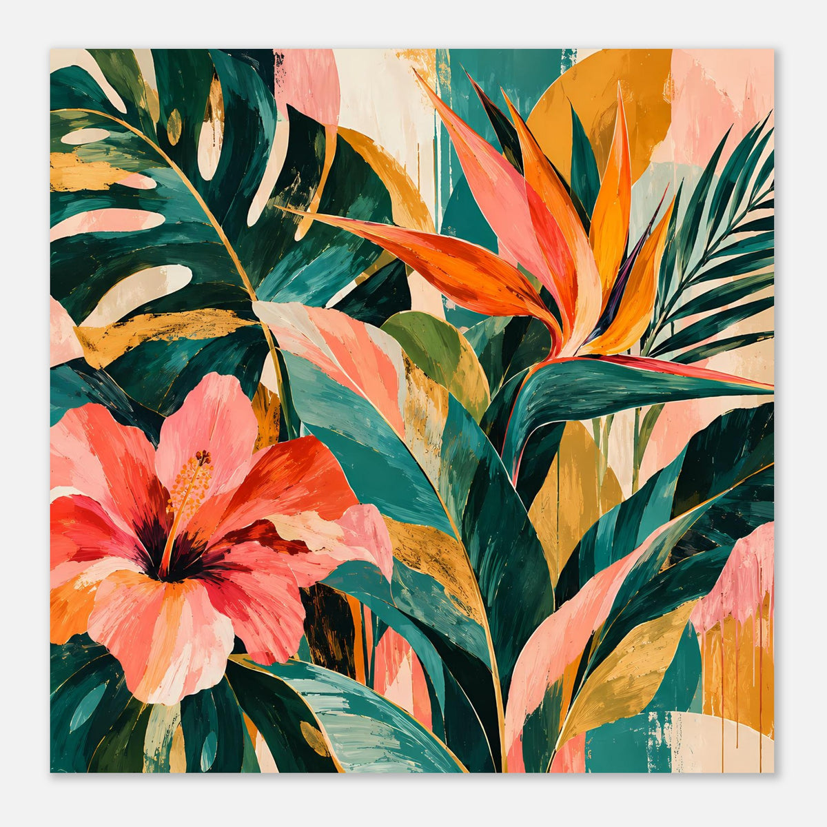 Kunstposter im Querformat: Tropische Blüten und Blätter in Pink, Orange und Grün
