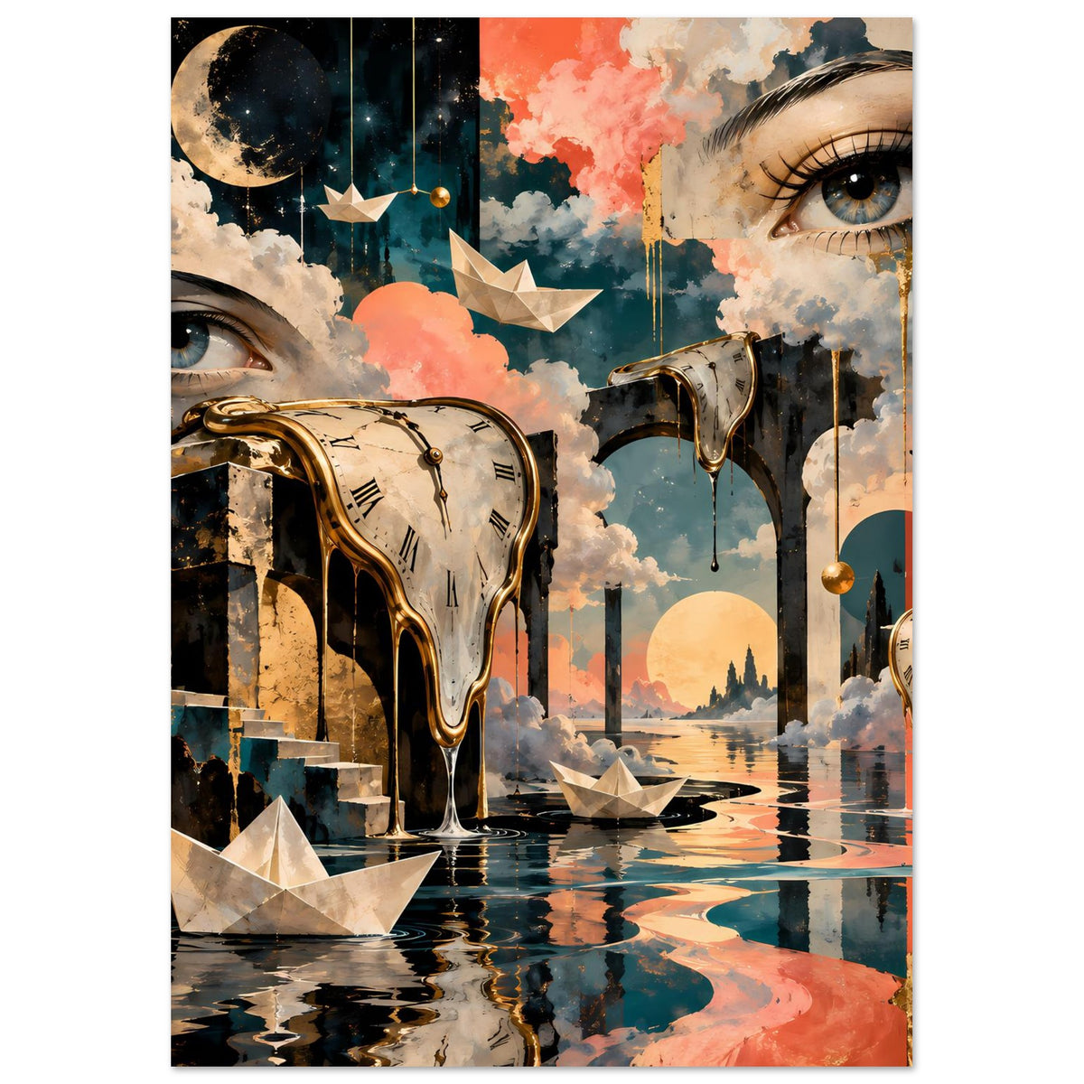 Surreales Kunstposter: Blick auf schmelzende goldene Uhr, Frauenauge, Wolken und Regenlinien