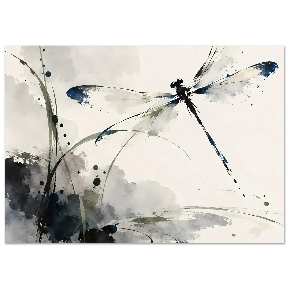 Aquarell-Poster mit Libelle in Blau, graue Tupfer und dynamische Pinselstriche