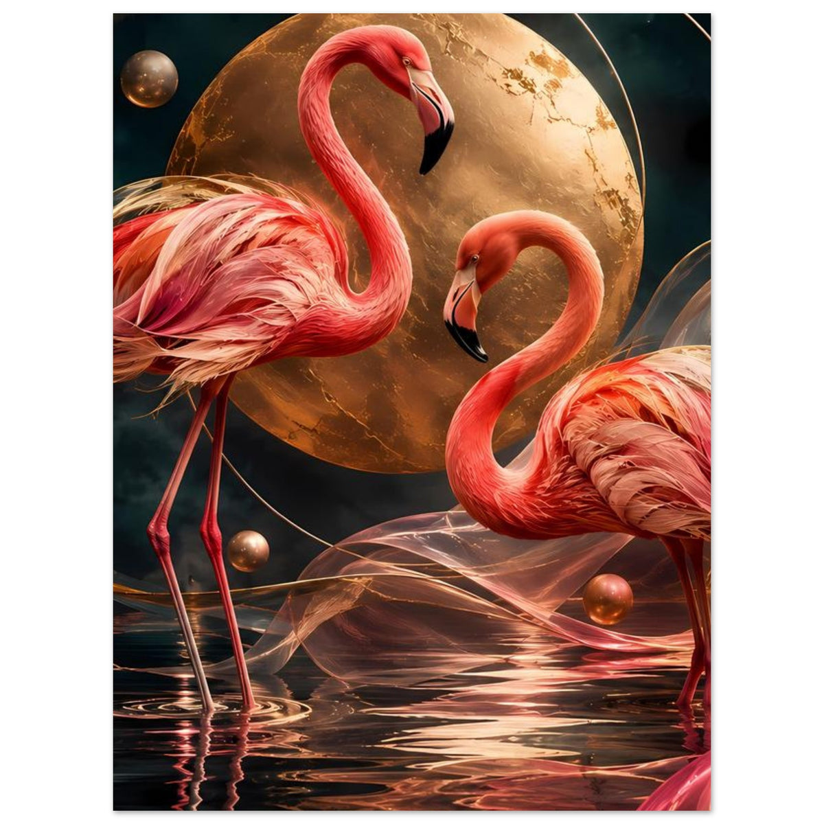 Kunstposter: zwei Flamingos in Rosa vor goldener Mondkugel und goldenen Reflexlinien