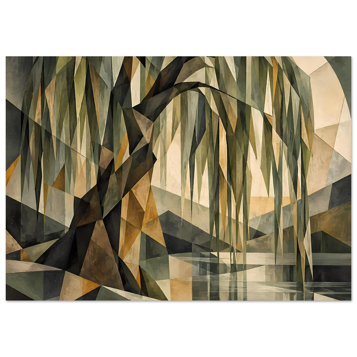Breites Geometrisches Poster mit Baum aus Dreiecken in Grün-, Beige- und Grautönen