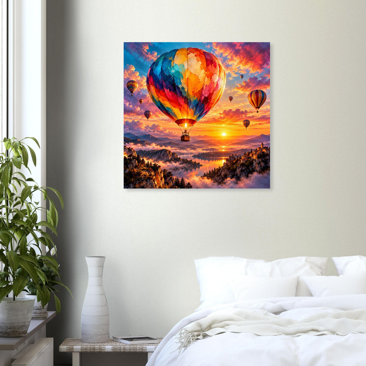 Quadratisches gerahmtes Poster mit Heißluftballon über Berglandschaft bei goldenem Sonnenuntergang