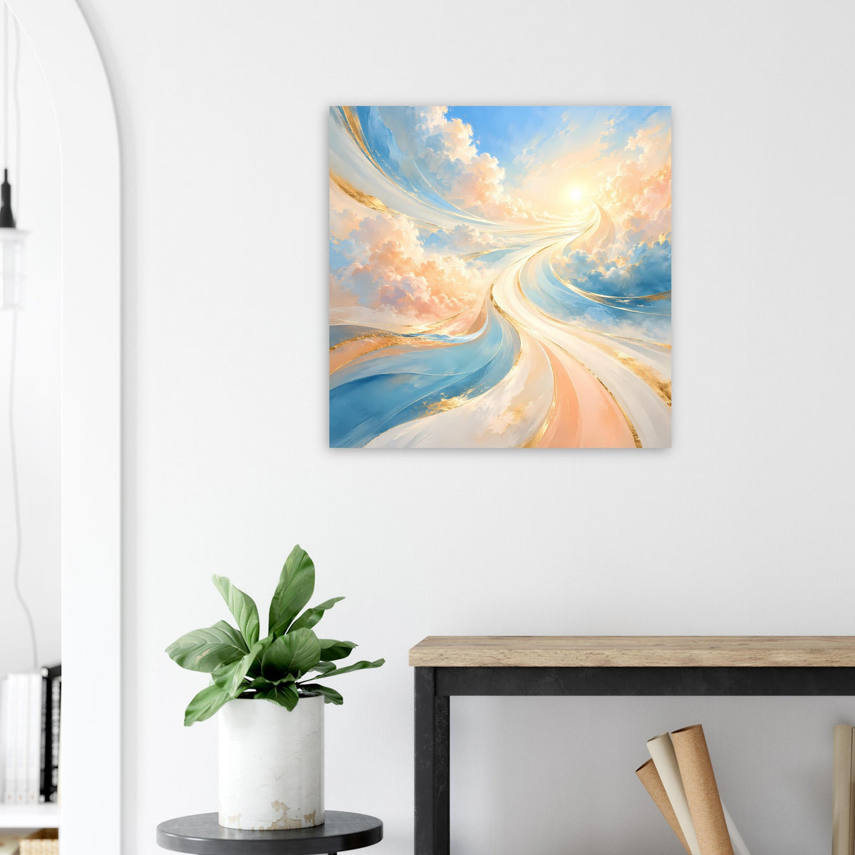Quadratisches Poster mit Lichtpfad durch den Himmel in Blau- und Orangetönen