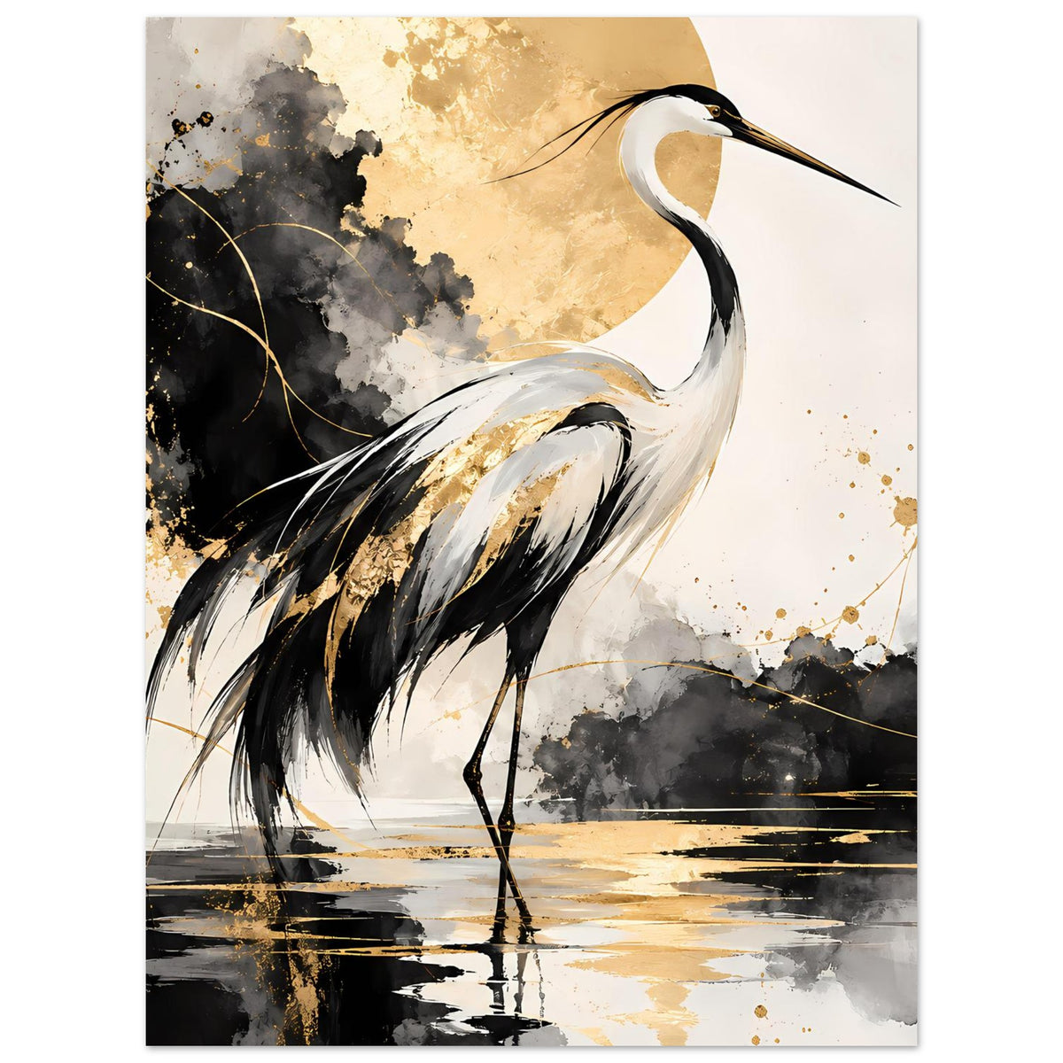 Vogelposter: Kranich in Schwarz und Weiß mit goldenen Akzenten, abstrakte Pinseltextur