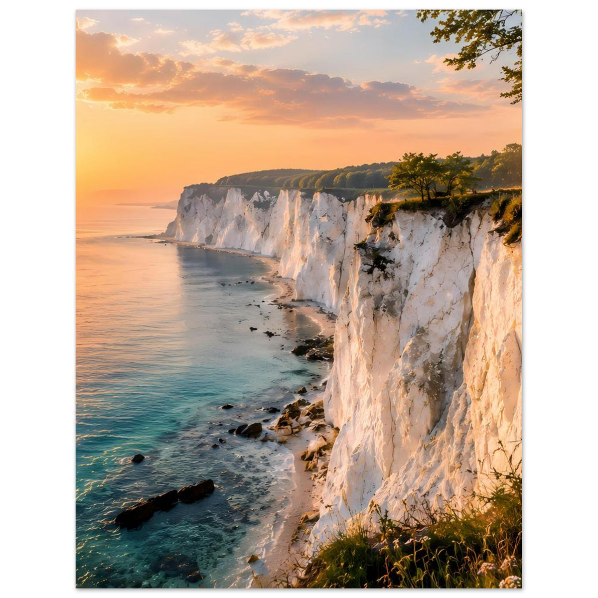 Wandposter im Hochformat mit Küstenklippen, orangefarbenem Himmel, türkisfarbenem Wasser und Strandfelsen