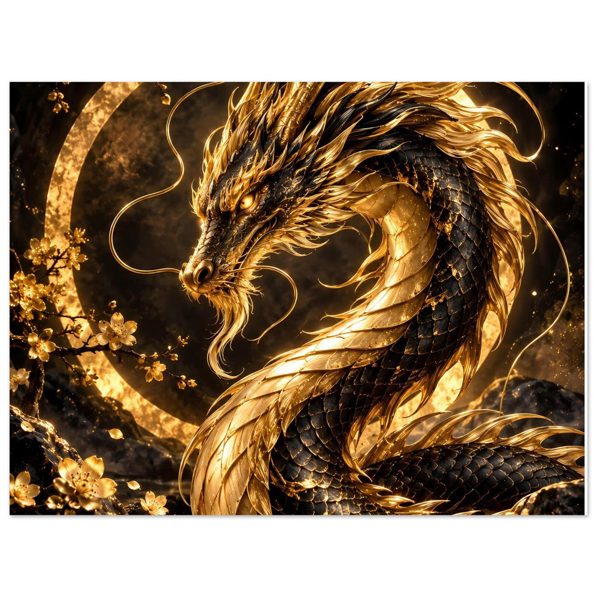Drachen-Poster im Detail: goldener Drachenkopf, Flügel und dunkle Schuppen