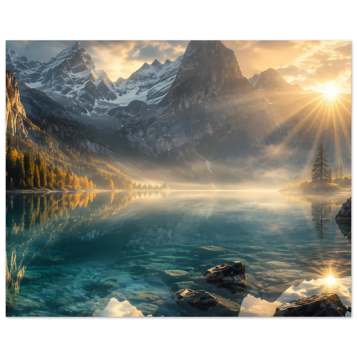 Querformat-Poster: Berge, türkisfarbener See und Felsen, Sonne mit Strahlen rechts
