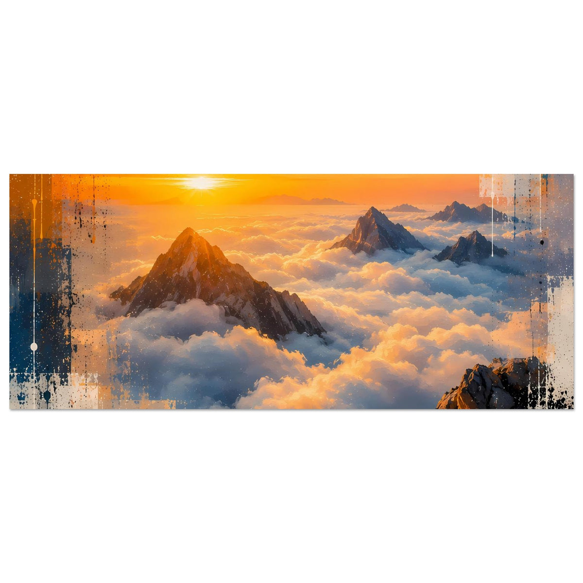 Naturposter im Querformat: Sonnenaufgang über Berggipfeln und Wolken, abstraktes Spritzmuster