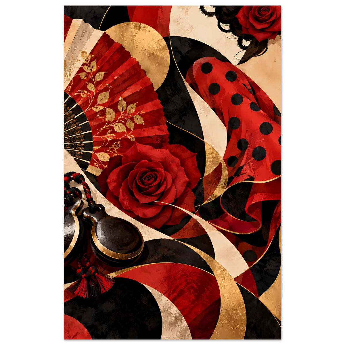 Flamenco-Poster im Hochformat: Fächer und rote Rose, gepunktetes Kleid