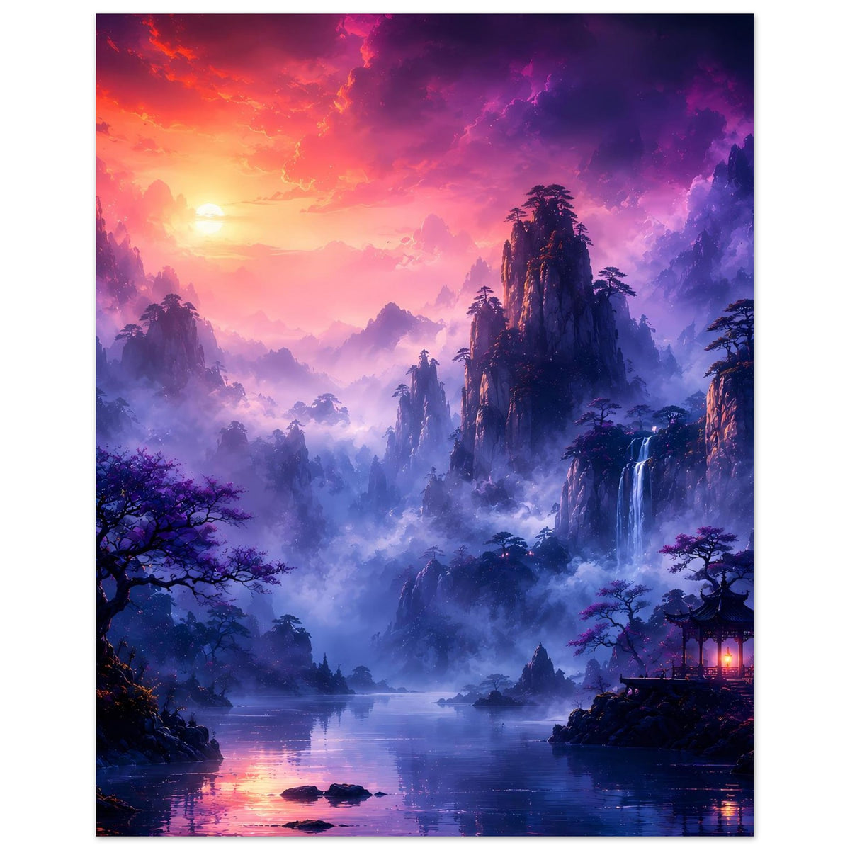 Hochkant-Fantasy-Poster mit Sonnenaufgang, Wasserfall, Nebel und Landschaft am See