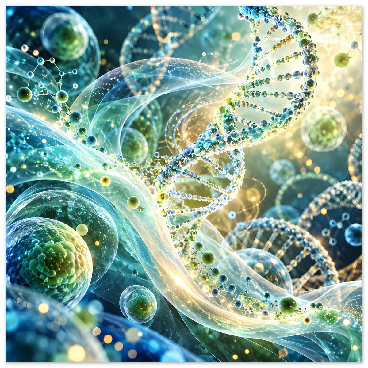 DNA-Doppelhelix-Poster mit durchscheinenden Fäden, grün-blauen Molekülen und goldenen Lichtpunkten