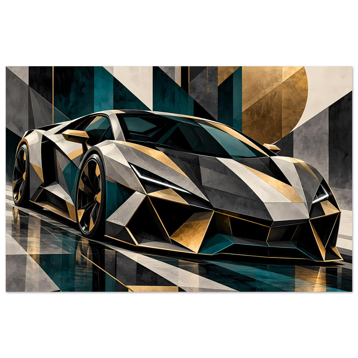 Autoposter mit geometrischem Luxus-Sportwagen, goldene und petrolfarbene Facetten